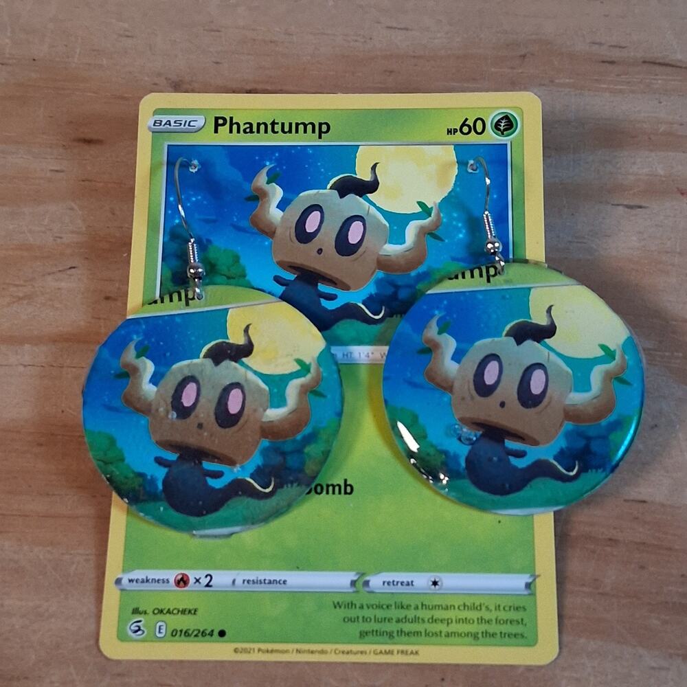Handmade Pokemon Phantump Earrings Round Resin Card Jewelry Hook Back Tree Ghost